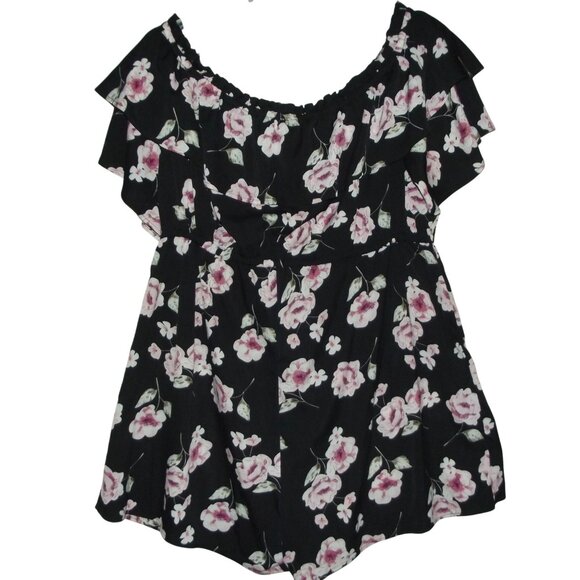 Rose Gal Romper Womens 4XL Floral Off-Shoulder Black Pink Ruffle Short Sleeve - Picture 8 of 9